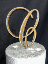 Load image into Gallery viewer, Ivory pearl Letter 6" monogram letter, GOLD BASE, rhinestone Cake Topper decor, Wedding rhinestone jewel letter cake decorations.