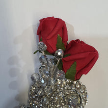 Load image into Gallery viewer, Crystal brooch buttonhole with crystals & Foam roses by Crystal wedding uk