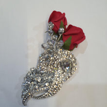 Load image into Gallery viewer, Crystal brooch buttonhole with crystals & Foam roses by Crystal wedding uk