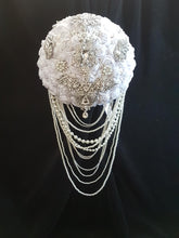Load image into Gallery viewer, Crystal and pearl brooch bouquet with pearl & rhinestone drape by Crystal wedding uk