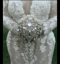 Load image into Gallery viewer, Silver Brooch bouquet, Jewel crystal wedding bouquet. Crystal Bridal Brooch Bouquet, cascade Jewel bouquet by Crystal wedding uk