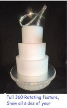 Load image into Gallery viewer, Crystal Rotating Wedding Cake Stand 360 Turntable Display Platform Mirrored Cake Base + Free Gift Rhinestone monogram Cake Topper