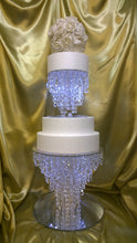 Load image into Gallery viewer, Crystal cake divider, diamante cake stand, chandelier wedding cake stand, faux-glass crystal plus led fairy lights by Crystal wedding uk