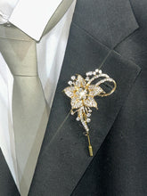 Load image into Gallery viewer, Crystal Flower Groom Boutonniere: Silver Wedding Lapel Pin
