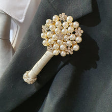 Load image into Gallery viewer, Ivory flower Brooch Groom usher small Boutonniere,Prom corsage,Wedding Buttonhole Boutonnière by Crystal wedding uk