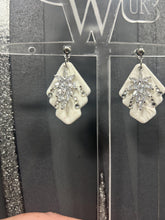 Load image into Gallery viewer, Handmade pearl white clay earrings, cubic zirconia, floral texture lightweight, hypoallergenic, wedding bridal jewelry by Crystal wedding UK