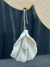 Load image into Gallery viewer, Handmade White Fluted Petal Earrings – Delicate polymer Clay Flowers with Swarovski Crystals – Elegant Stud Earrings –by Crystal wedding UK