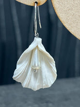 Load image into Gallery viewer, Handmade White Fluted Petal Earrings – Delicate polymer Clay Flowers with Swarovski Crystals – Elegant Stud Earrings –by Crystal wedding UK