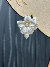 Load image into Gallery viewer, Freshwater Pearl Clay Flower Earrings | Handmade Bridal Earrings | White Floral Statement Jewelry silver or gold,