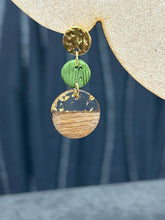Load image into Gallery viewer, Modern Clay Earrings, gold leaf fleck Resin, Wood, metal and muted sage Clay Abstract Earrings Boho Statement Polymer Clay Dangle Earrings