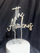 Load image into Gallery viewer, Personalized Crystal Wedding Cake Topper: Gold Rhinestone; ' THE' - your Surname - 8 inch Wide size