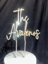 Load image into Gallery viewer, Personalized Crystal Wedding Cake Topper: Gold Rhinestone; ' THE' - your Surname - 8 inch Wide size