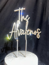 Load image into Gallery viewer, Personalized Crystal Wedding Cake Topper: Gold Rhinestone; ' THE' - your Surname - 8 inch Wide size