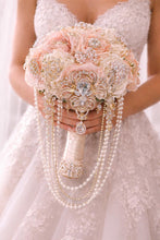 Load image into Gallery viewer, Bridal blush brooch pearl flower bouquet, rhinestone bridal flowers by crystal wedding UK