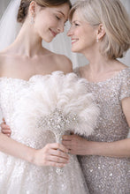 Load image into Gallery viewer, Gold Bridal Fan, Bridal brooch Bouquet, Ostrich alternative large eather Fan, Ivory Gatsby 1920s art deco wedding, 1920's bridal fan gift