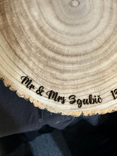 Load image into Gallery viewer, Personalized Wood Slice Cake Stand, Engraved Rustic Wedding Display stand, Personalised Engraved log Slice, Engagement Pedestal cake stand