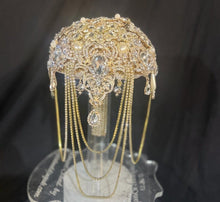 Load image into Gallery viewer, Gold Crystal Brooch Bridal Bouquet – Glam Art Deco Cascade, Handmade Luxury Wedding Bouquet