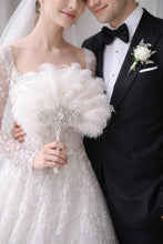 Load image into Gallery viewer, Gold Bridal Fan, Bridal brooch Bouquet, Ostrich alternative large eather Fan, Ivory Gatsby 1920s art deco wedding, 1920's bridal fan gift