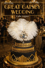 Load image into Gallery viewer, Vintage Ostrich Feather Cake Topper, Rhinestone Brooch, 1920s Gatsby Decor