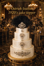 Load image into Gallery viewer, Vintage Ostrich Feather Cake Topper, Rhinestone Brooch, 1920s Gatsby Decor