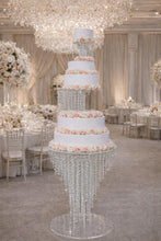 Load image into Gallery viewer, Tall 3-Tier Crystal Chandelier Wedding Cake Stand with LED Lights – Illuminated Cake Display