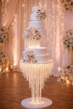 Load image into Gallery viewer, Tall 3-Tier Crystal Chandelier Wedding Cake Stand with LED Lights – Illuminated Cake Display