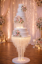 Load image into Gallery viewer, Tall 3-Tier Crystal Chandelier Wedding Cake Stand with LED Lights – Illuminated Cake Display