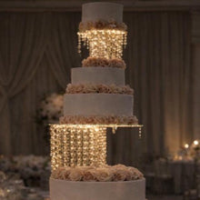 Load image into Gallery viewer, Tall 3-Tier Crystal Chandelier Wedding Cake Stand with LED Lights – Illuminated Cake Display
