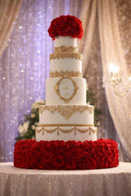 Load image into Gallery viewer, Red Rose Wedding Cake Stand – Handmade Silk Flower Cake Display – Romantic Bridal Cake Stand- Couture Floral Display