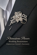 Load image into Gallery viewer, Crystal Flower Groom Boutonniere: Silver Wedding Lapel Pin
