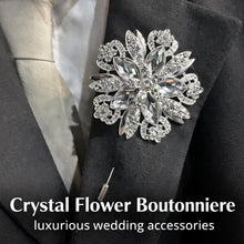 Load image into Gallery viewer, Boutionerre crystal flower, grooms buttonhole pin by Crystal wedding uk