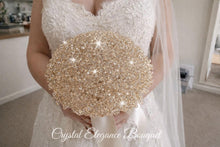 Load image into Gallery viewer, Champagne Crystal Bridal Bouquet, Gold Bling Wedding Bouquet, Luxury Sparkly Keepsake, Non Flower Glam Bride Bouquet