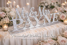 Load image into Gallery viewer, Mr & Mrs PLUS last name Surname 5 LETTERS standing wedding sign, bling name sign, rhinestone Top table table sign