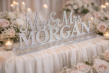 Load image into Gallery viewer, Mr & Mrs PLUS last name Surname 6 LETTERS standing wedding sign, bling name sign, Swarovski Crystal Rhinestone Top table table sign