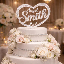 Load image into Gallery viewer, Wedding Cake topper + Two first names. Custom Crystal Monogram Rhinestone heart cake topper bling cake topper Personalised Letter, 6 inch