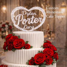 Load image into Gallery viewer, Wedding Cake topper + Two first names. Custom Crystal Monogram Rhinestone heart cake topper bling cake topper Personalised Letter, 6 inch