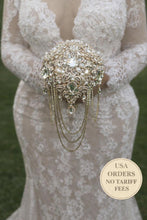 Load image into Gallery viewer, Gold Crystal Brooch Bridal Bouquet – Glam Art Deco Cascade, Handmade Luxury Wedding Bouquet