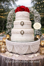 Load image into Gallery viewer, White Pearl Crystal Drape Wedding Cake Stand - Vintage Inspired cake stand White