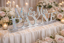 Load image into Gallery viewer, Mr & Mrs PLUS last name Surname 8 LETTERS standing wedding sign, bling name sign, rhinestone Swarovski Crystal Top table table sign