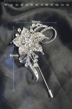 Load image into Gallery viewer, Crystal Flower Groom Boutonniere: Silver Wedding Lapel Pin