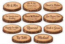 Load image into Gallery viewer, Personalized Wood Slice Cake Stand, Engraved Rustic Wedding Display stand, Personalised Engraved log, Engagment Dessert plate with Roses