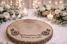 Load image into Gallery viewer, Personalized Wood Slice Cake Stand, Engraved Rustic Wedding stand, Personalised log Engagment Display Board with Sunflowers & Bees