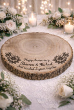 Load image into Gallery viewer, Personalized Wood Slice Cake Stand, Engraved Rustic Wedding stand, Personalised log Engagment Display Board with Sunflowers & Bees