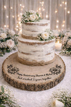 Load image into Gallery viewer, Personalized Wood Slice Cake Stand, Engraved Rustic Wedding stand, Personalised log Engagment Display Board with Sunflowers & Bees