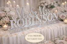 Load image into Gallery viewer, Mr & Mrs PLUS last name Surname 8 LETTERS standing wedding sign, bling name sign, rhinestone Swarovski Crystal Top table table sign