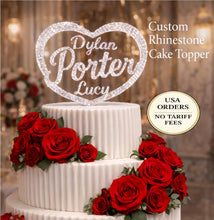 Load image into Gallery viewer, Wedding Cake topper + Two first names. Custom Crystal Monogram Rhinestone heart cake topper bling cake topper Personalised Letter, 6 inch