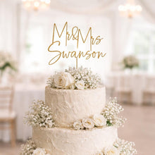 Load image into Gallery viewer, Gold Wedding cake topper, Personalized cake topper, Rustic wedding cake topper, Custom Mr Mrs topper, Anniversary Cake toppers, Wood topper