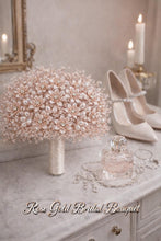 Load image into Gallery viewer, Rose Gold Crystal Bridal Bouquet, Luxury Wedding Bouquet, Metallic Bridal Flowers, Rhinestone Pearl Wedding Bouquet, Glam Bride Accessories