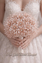 Load image into Gallery viewer, Rose Gold Crystal Bridal Bouquet, Luxury Wedding Bouquet, Metallic Bridal Flowers, Rhinestone Pearl Wedding Bouquet, Glam Bride Accessories