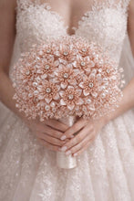 Load image into Gallery viewer, Rose Gold Crystal Bridal Bouquet, Luxury Wedding Bouquet, Metallic Bridal Flowers, Rhinestone Pearl Wedding Bouquet, Glam Bride Accessories